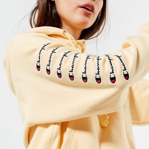 Champion X UO Urban Outfitters Reverse Weave Arm Logo butter light Yellow Hoodie - Picture 2 of 6